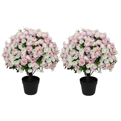24" Artificial Potted Flowers for Outdoor, Faux Lilac Silk Peonies | Set of 2 UV Resistant Fake Outdoor Plants & Flowers in Cement Pots for Outside Front Porch Home Indoor Decor - color: Blush Lilac, size: 24" Luxury Peony
