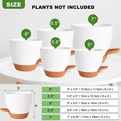 Vanslogreen Plant Pots for Indoor Plants 5 Pack Self Watering Planters, 7/6.5/6/5.5/5 Inch Self Watering Pots with Drainage Hole Plastic Flower Pot for Herbs, Succulents, African Violet (White) - color: White-5pack, size: 7/6.5/6/5.5/5 inch