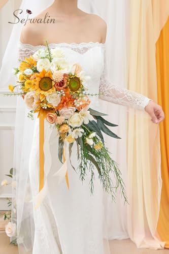 Serwalin 11 Inch Wedding Bouquets for Bride Bridesmaid, White Bridal Bouquets for Bride, Wedding Flowers Bouquet Tossing Bouquet, Wedding Ceremony and Anniversary Day Decor - color: Vivacious Sunflower