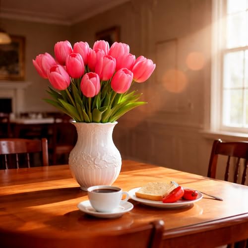 20 Pcs Tulips Artificial Flowers, 13.5'' Real Touch PU Fake Flowers Bouquet for Home Party, Spring Wedding Floral Arrangement, Valentine's, Easter and Mother's Day Decor (Coral) - color: Coral