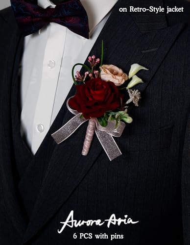 AuroraAria Red Boutonniere for Men,Set of 6,Groom Boutonniere for Wedding,Anniversary,Homecoming,Formal Dinner Party,Wedding Decor,Artificial Red Rose - color: Red