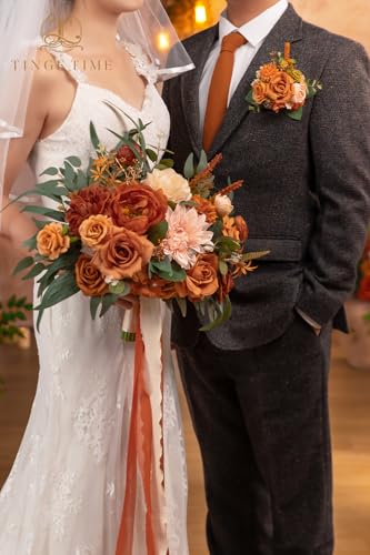 TINGE TIME 13 inch Terracotta Wedding Bouquets for Bride, Bridal Bouquet for Bride, Artificial Silk Rose for Graduation Bouquet, Fake Flowers for Fall Wedding Ceremony and Anniversary - color: Terracotta