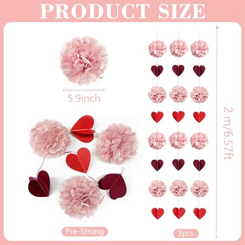 Dusty Rose Pink Party Decoration Tissue Flowers Pom Pom with Burgundy Red 3D Heart Hanging Paper Garland Banner Streamer for Valentines Day Birthday Baby Shower Wedding Bridal Shower Party Supplies - color: Burgundy Red Heart