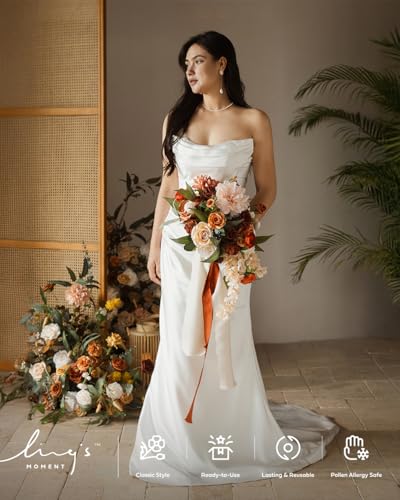 Ling's moment Artificial Flowers Fake Silk Dahlia Faux Foam Roses Combo for DIY Wedding Bouquets Centerpieces Arrangements Bridal Shower Party Home Decorations, Amber & Terracotta, 23pcs - color: Or-amber & Terracotta
