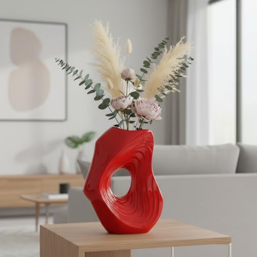 Sunddo Red Ceramic Vase for Home Decor, 11 Inch Modern Decorative Vase for Flowers, Donut Vases for Pampas Grass, Console, Kitchen, Mantle, Living Room, Table Centerpiece - color: Red, size: 11 inch