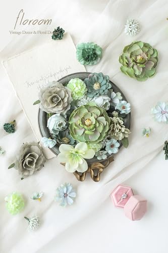 Floroom Mini Artificial Flower Heads Sage & Olive Green Fake Peony Daisy Rose Multicolor Small Faux Silk Flower Heads for Cake Craft Garland Wedding Party Graduation Cap DIY Home Decoration, 0.8"-3.6" - color: Olive Sage Green