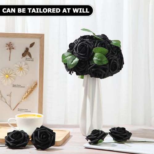 50 Pcs Artificial Foam Rose Flower Faux Bouquet Wedding Fake Rose Gift for Mother's Day Women DIY Bridal Shower Party Table Birthday Home Spring Decor (Black) - color: Black