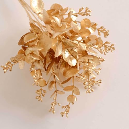 Efavormart 4 Pack 12 inch Metallic Gold Artificial Eucalyptus Leaves Bushes, Faux Spray Plant Vase Fillers for Small Vessels and Intimate Table Settings - color: Type19