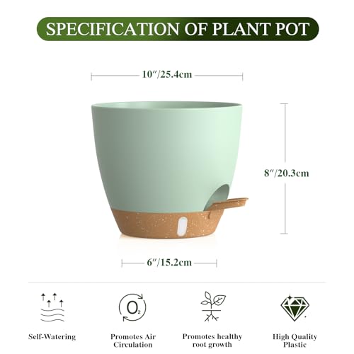 Self Watering Pots with Drainage Holes, 2 Pack 10 Inch Plant Pots with Water Level Indicator Deep Reservoir, Large Plastic Planter for Indoor Outdoor Plants - Green - color: Green Brown, size: 10 Inch 2 Pack
