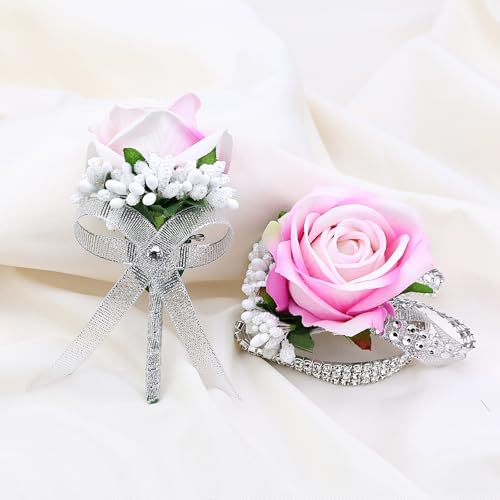 2Pcs Pink Rose Corsage and Men Boutonniere Set Women Wristlet Band Wrist Bracelets, for Prom Wedding Ceremony Flowers Decorations and Homecoming Party Accessories - color: Pink, size: 1 Boutonniere & 1 Wrist Corsage