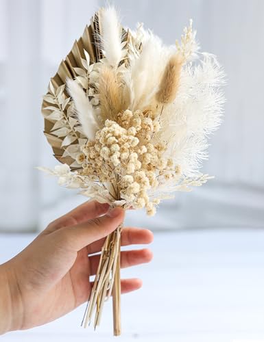 xin's convey Dried Flowers with Ceramic Vase,Dried Pampas Grass Bouquet, Dried Flowers for Boho Home Decor,Farmhouse Party Decorations, Wedding Table Centrepieces. (Brown) - color: Brown