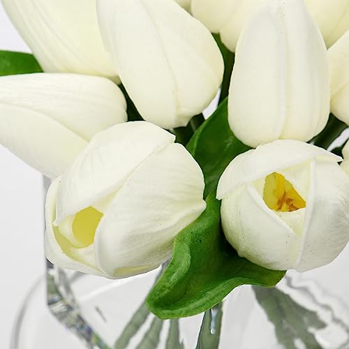 DILATATA Artificial White Tulips in Vase with Faux Water 5.5" Real Touch Flowers Fake Tulips Small Flowers Arrangement in Cube Glass Vase for Mother's Day Table Centerpiece Wedding Home Decor - color: Square Vase/White/1 Set