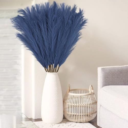 obbsie 35" Faux Pampas Grass Decor, 8pcs Large Tall Fluffy Artificial Pompous Grass Branches Floral Fake Pompas Grass Bulrush Floor Vase Filler Flower Arrangement for Home Wedding Boho Decor - Blue - color: Blue, size: 8 PCS