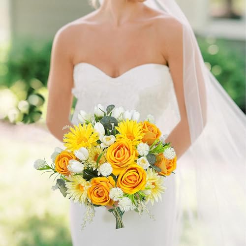 Yellow Roses Artificial Flowers, Faux Tulips Flowers with Yellow Roses Daisy Bouquets, Spring Silk Flowers Arrangement for Home Living Room Party Wedding Offices Bookshelf Decorations (Yellow)