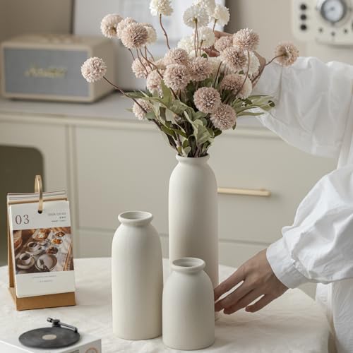 Ceramic Vase Set-3, 10.3 Inch Tall Flower Vases for Decor, Modern Boho Farmhouse Style, Decorative Vases for Pampas Grass & Dried Flowers, Distressed Finish (L Beige) - color: L Beige