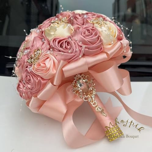 Handmade Wedding Flowers Bouquet Round Holding Bridal Bouquet Artificial Satin Roses Bunch for Bride Bridesmaid Wedding Quinceanera - color: Blush Pink, Light Salmon & Cream, size: Medium (Dia. 8.7"/22cm)