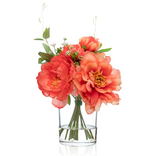 WELL KNOWN Artificial Flowers in Glass Vase with Fake Water, Silk Peony Flower Bouquet for Home Dinning Tea Table, Office Desktop, Hotel, Wedding, Party, Lavatory Decor & Gift (Coral and Orange) - color: Coral and Orange