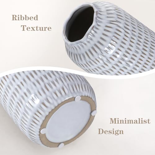 Ceramic Vase for Flowers – Modern Small Ribbed Textured Flower Vase for Home Decor, Pampas Grass, Decorative, Farmhouse, Coffee Table, Kitchen Centerpieces, Bookshelf and Home Living (Glaze White) - color: Glaze White