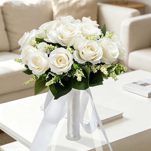 CYANLUX Wedding Bouquets for Bride Bridesmaid Bouquet Champagne White Artificial Roses Flowers for Wedding Valentine's Day Church Home Decoration (1#White)… - color: 1#white