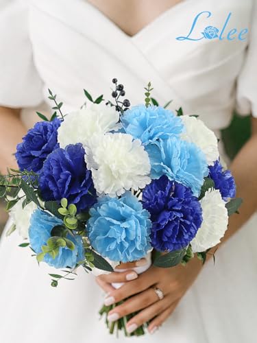 108pcs Carnation Head with Stem, Royal Blue White Artificial Flowers Carnations Bulk, 3.5" Silk Carnation Flower for Wedding Bouquet Table Centerpieces Floral Arrangement Funeral Cemetery Gravesite - color: Gradient Blue&white