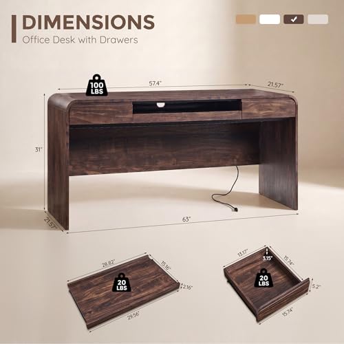 63" Modern Computer Desk with 2 Drawers, Wood Curved Executive Desk with Keyboard Tray & Power Outlet, Writing Desks with Storage for Home Office, Study Room, Living Room (Brown) - color: Brown