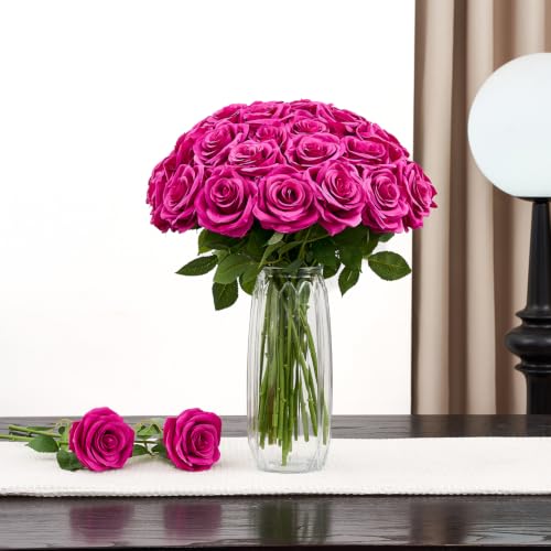 50pcs Magenta Roses Artificial Flowers Bulk Fake Roses Silk Flower with Stems Realistic Flowers for Wedding Centerpiece Party Birthday Decor - color: Magenta