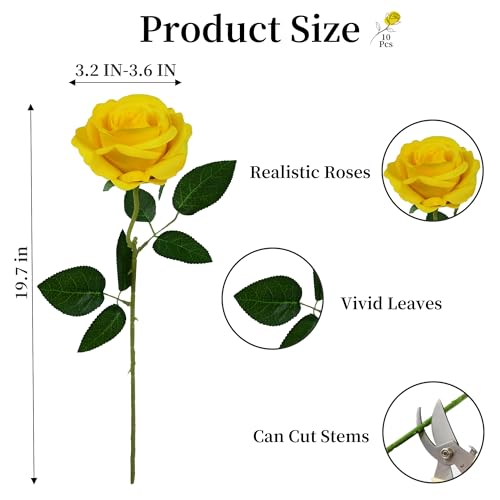 10 Pcs Yellow Rose Artificial Flower, Faux Silk Flowers With Long Stems, Fake Roses Bulk Bouquet for Decoration Valentine's Day Centerpieces Proposal Bridal Bouquets Shower Party Home Floral Decor - color: Yellow