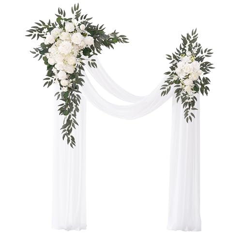 Deluxe Wedding Arch Flowers with Drapes Kit Pack of 4, 2pcs White Sage Hanging Silk Flowers Arrangement 2pcs Chiffon Drapes for Ceremony Arbor Party Outdoor Decor - color: White & Ivory