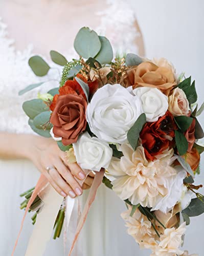 Wedding Bouquet, 11 Inch Terracotta Wedding Decor Artificial Flowers Bridal Bouquet Cascading Wedding Bouquets for Bride for Wedding Ceremony and Anniversary(Chic Terracotta) - color: Chic Terracotta