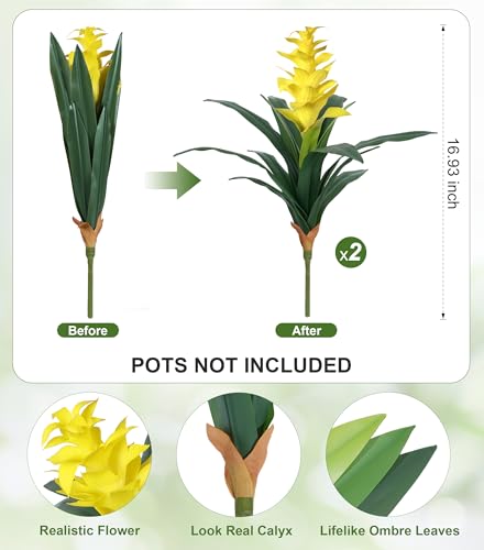 Ivydale Fake Flowers Plants for Outdoors, 2 Pcs 16.93" Bromeliad Artificial Flowers Uv Resistant Realistic Faux Flowers for Outdoor Planters Outside Porch Patio Yard Garden Indoor Decoration(Yellow) - color: Yellow