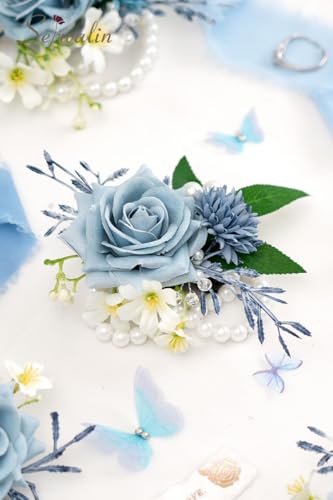 Serwalin 6 PCS Wrist Corsages for Wedding, Girl/Mother Bride Bridesmaids Corsages Wristlet Decor for Prom Wedding Anniversary Homecoming (Blue & Dusty Blue) - color: Dusty Blue, size: Corsage 6pcs