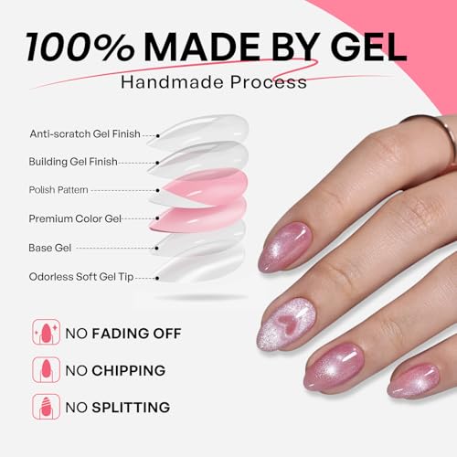 32Pcs Soft Gel Press on Nails for Women, Pink Heart, Short Almond | Magnetic Glass Cat Eye False Fake Nails Press Ons for Office Daily Wear, Salon Quality Reusable Glue & Stick on Nail Gift Kit - color: 1C-Pink Heart