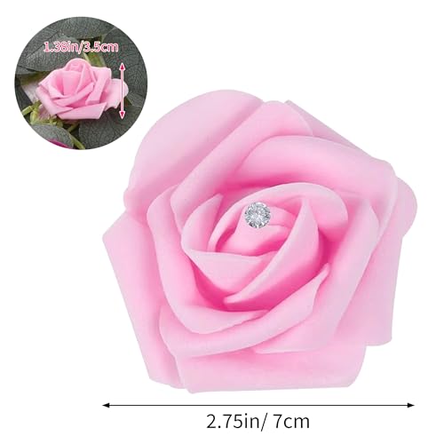 100Pcs Real Looking Pink with Diamonds Artificial Rose Flower Heads, Foam Fake Roses for DIY Wedding Decorations Baby Shower Centerpieces Home Party Valentine's Day Mother's Day Decor - color: 100pcs Pink With Diamonds