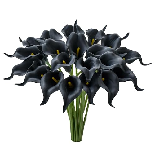 Mandy's 20pcs Pure White Calla Lily Artificial Flowers | 13.5 Inch PU Realistic Bouquet for Vase Elegant Home Decor Centerpiece Wedding Bridal Bouquet Table Decoration - color: Black