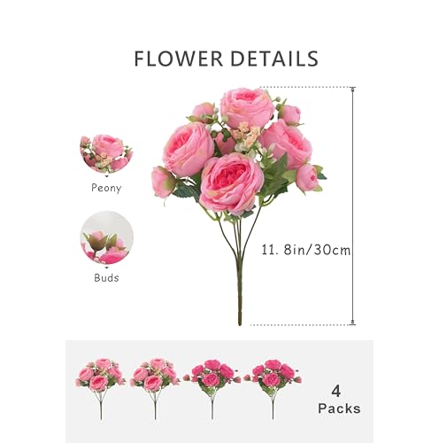 4 Bunches Peonies Artificial Flowers, Silk Peonies Flowers Fake Bouquet Faux Floral Arrangements for Centerpiece Table Wedding Party Home Decor (4, Rose Red & Pink) - color: Rose Red & Pink