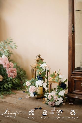 Ling's moment 6Pack 1.8ft Navy Blue Artificial Flowers Garland Dusty Rose Lantern Flower Arch Floral Centerpieces Wedding Aisle Chair Flowers for Signs Table Cake Decoration（not Including Lanterns） - color: Pk-dusty Rose & Navy