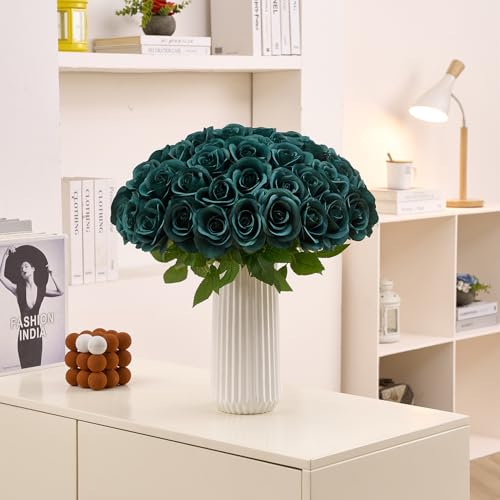 55 Pcs Emerald Green Roses Artificial Flowers Bulk, Artificial Roses Fake Flowers with Adjustable Stems, Soft Foam Roses for DIY Wedding Bouquets, Bridal Shower Centerpieces, Home Party Decor - color: Emeraldgreen