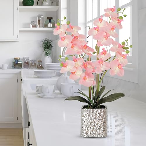 Orchid Artificial Flowers with Sliver Vase Large Silk Faux Phalaenopsis Flowers for Dining Room Table Floral Centerpieces Indoor Decoration,Pink - color: 1302-pink
