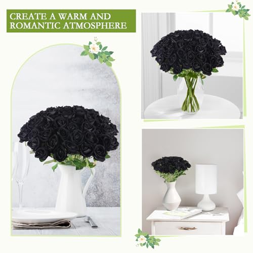 Hananona 50 Pcs Artificial Roses in Bulk, Fake Velvet Silk Roses Realistic Black Roses for Wedding Centerpieces Flower Arrangement Home Decor (50, Black) - color: Black
