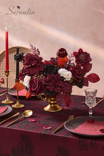 Serwalin Artificial Burgundy Black Flowers, Red Roses Silk Flowers for DIY Wedding Bridal Bouquets, Fake Halloween Black Flowers for Table Centerpieces Baby Shower Birthday Party Home Decorations - color: A Black Burgundy, size: 1 Box