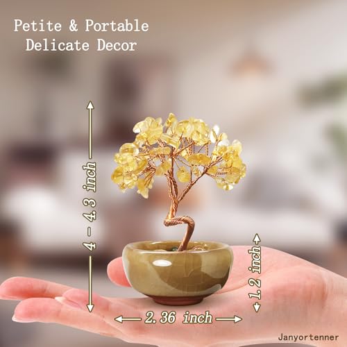 Mini Citrine Crystal Money Tree,Wealth Home Office Desk Decor,Handmade Copper Wire in Crackle Ceramic Base,Feng Shui Office Gift - color: 2-golden Hour