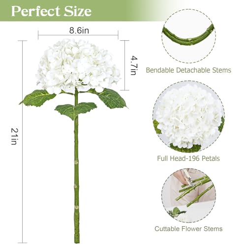 Waipfaru 21" Real Touch White Hydrangea Artificial Flowers with Long Stem & Leaves, Full Latex Faux Hydrangea Flowers for Home Decor Party Floral Arrangements Wedding Bouquets Centerpieces, 4Pcs - color: White, size: 4pcs