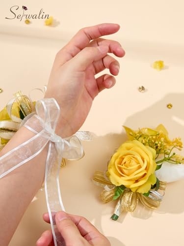 Serwalin Yellow Prom Corsage and Boutonniere Set, Artificial Calla Lily & Rose Wrist Corsage Wristlet for Homecoming, Formal Dance, Wedding Flowers Accessories Party Suit Decorations - color: Yellow