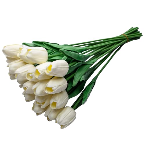 20PCS Artificial Tulip Flowers - 13.7" Real Touch Fake PU Tulips Bouquet Faux Spring Flowers for Office Table,Bedroom,Kitchen Home Mothers Day Easter Decoration (Milky White)