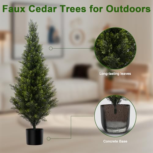 Artificial Cedar Topiary Trees 3FT Tall 2 Set,Outdoor Indoor Realistic Faux Pine Plants,Fake Outdoor Plant Fake Trees for Front Porch Garden Decor