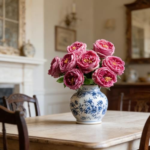 4 Pcs Real Touch Peonies Artificial Flowers, 3.5'' Big Bloom Austin Rose Peony Latex Fake Flower with Stems for Wedding Bouquet Party Valentines Arrangement Home Kitchen (Rose Red) - color: Rose Red