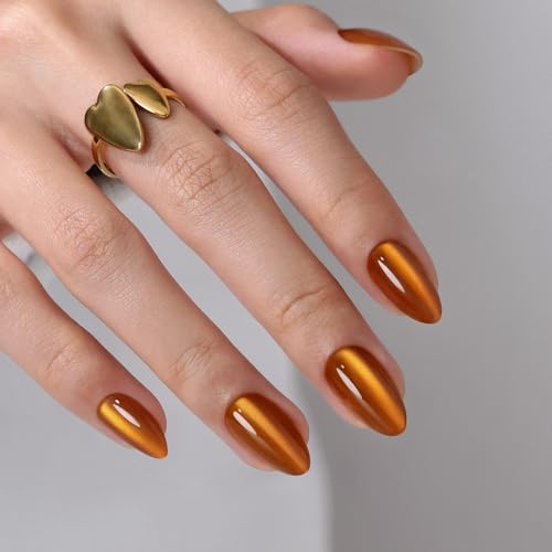 32Pcs Soft Gel Press on Nails for Women, Orange Cat Eye, Short Almond | Magnetic Glass Cateye False Fake Nails Press Ons for Office Daily Wear, Salon Quality Reusable Glue & Stick on Nail Gift Kit - color: 1B-Orange Cat Eye