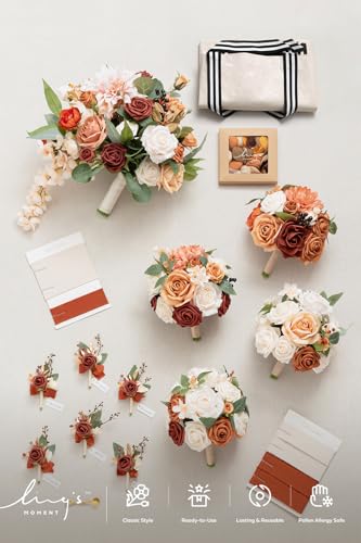 Ling's moment Wedding Artificial Flowers Package, Bridal Bouquet, Bridesmaid Bouquets, Boutonniere for Men, Rose Petals.Terracotta Orange - color: Or-terracotta & Orange