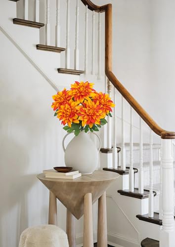 Hollyone Orange Artificial Dahlia Flowers Bush Fake Fall Flowers Artificial for Decoration Outdoor Indoor 7 Heads Silk Faux Dahlias Flower Bouquets Arrangements Centerpieces Fall Decorations for Home - color: Orange