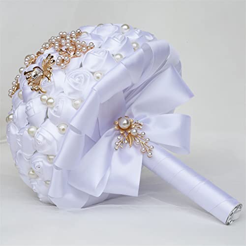 Sharebeauty 5.9 Inch Handmade Satin Rose Bridal Bouquet Toss Round Wedding Bouquet Throw Toss Artificial Flower Bunch White - color: W322g11 White, size: 5.9 inches / 15 cm